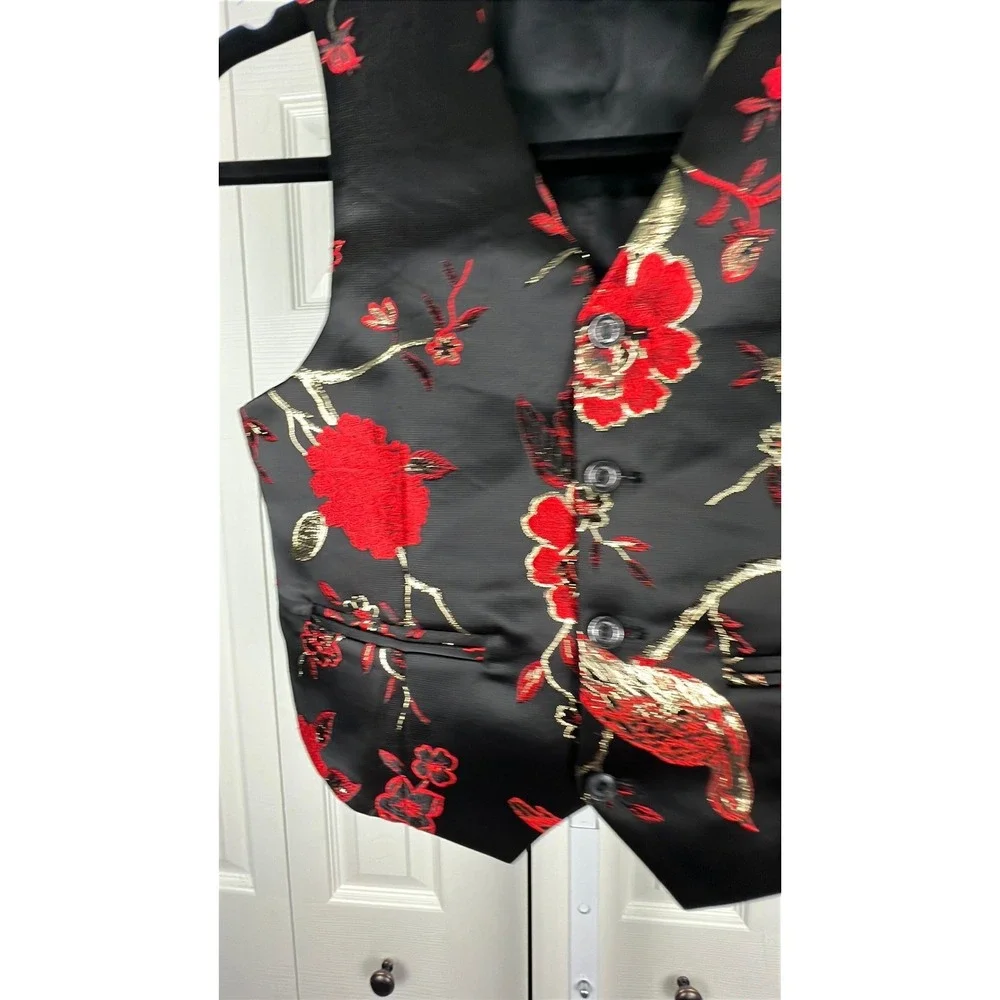Satin‎ Floral Brocade Vest Gothic Romantic Asian Inspired Black Red XS